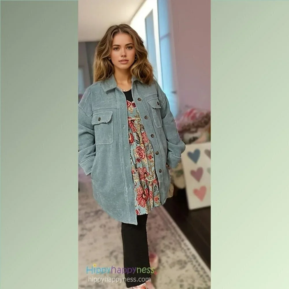 New Oli & Hali Shacket Shirt Jacket Oversized Plush Dusty Blue NWT - Picture 1 of 7